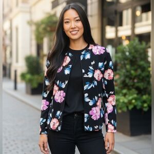 NY Collection Floral Black Open Blazer Jacket Pink and Blue Flowers  Formal Cute